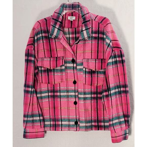 Crown & Ivy Shirt Jacket Wmn's Sz XXL Pink Plaid Flannel Boxy Button up Pockets - Picture 10 of 12